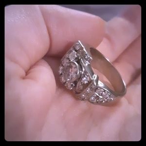 Stamped Antique 14K White Gold and Diamond Ring